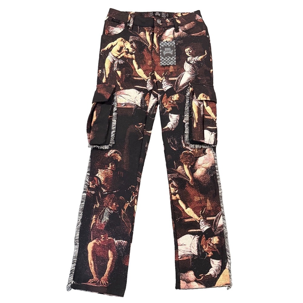 Rebel Vengeance Tapestry Cargo Pants Renaissance Art Frayed Fringe NWT Size 28